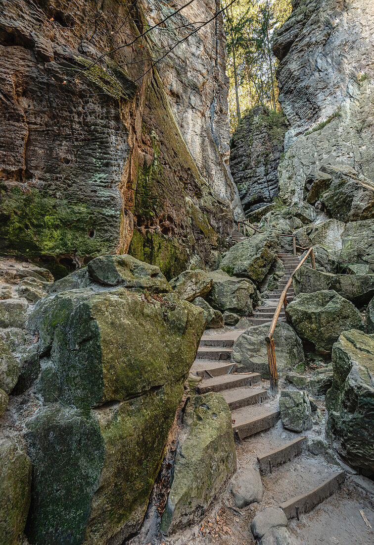 Rock stairs to the Schwedenlöcher rock formation, Saxon Switzerland, Saxony, Germany