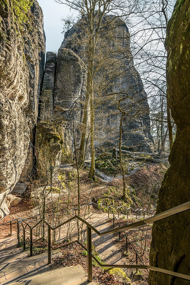 Stairs from Rathen to the Bastei Felsenbrücke as part of the Malerweg in Saxon Switzerland, Saxony, Germany