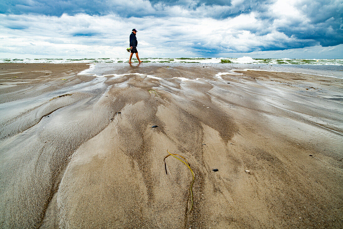 Tourist takes a walk on the beach at the Baltic Sea, Western Pomerania Lagoon Area National Park, Fischland-Darß-Zingst, Mecklenburg-West Pomerania, Germany