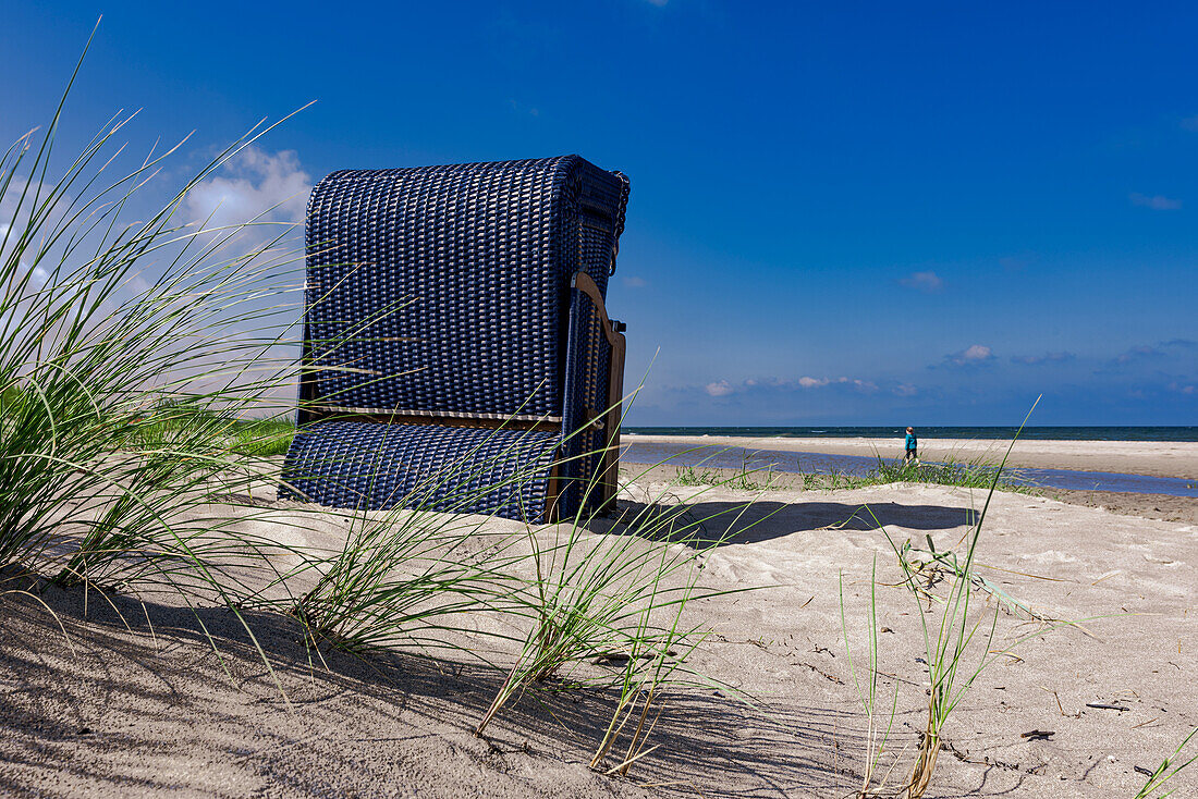 A beach chair stands in the dunes on the Baltic Sea beach in Dierhagen. Darß, Fischland-Darß-Zingst, Mecklenburg-Western Pomerania, Western Pomerania Lagoon Area National Park