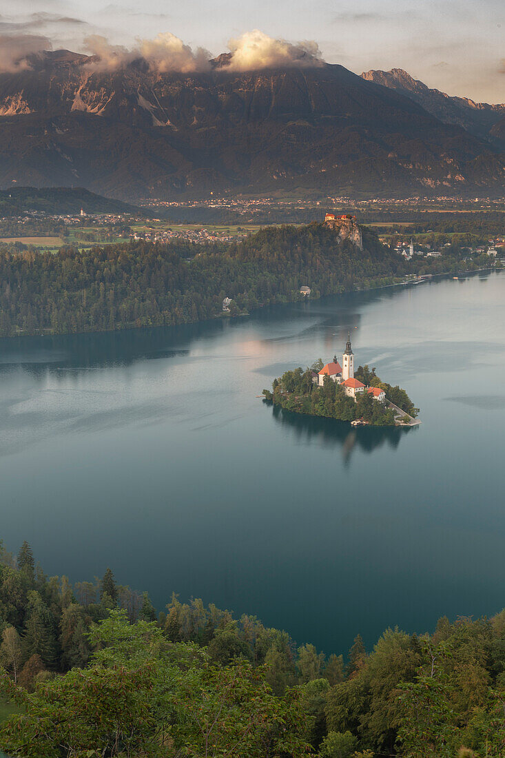 View of St. Mary's Church on island in Lake Bled, Slovenia.