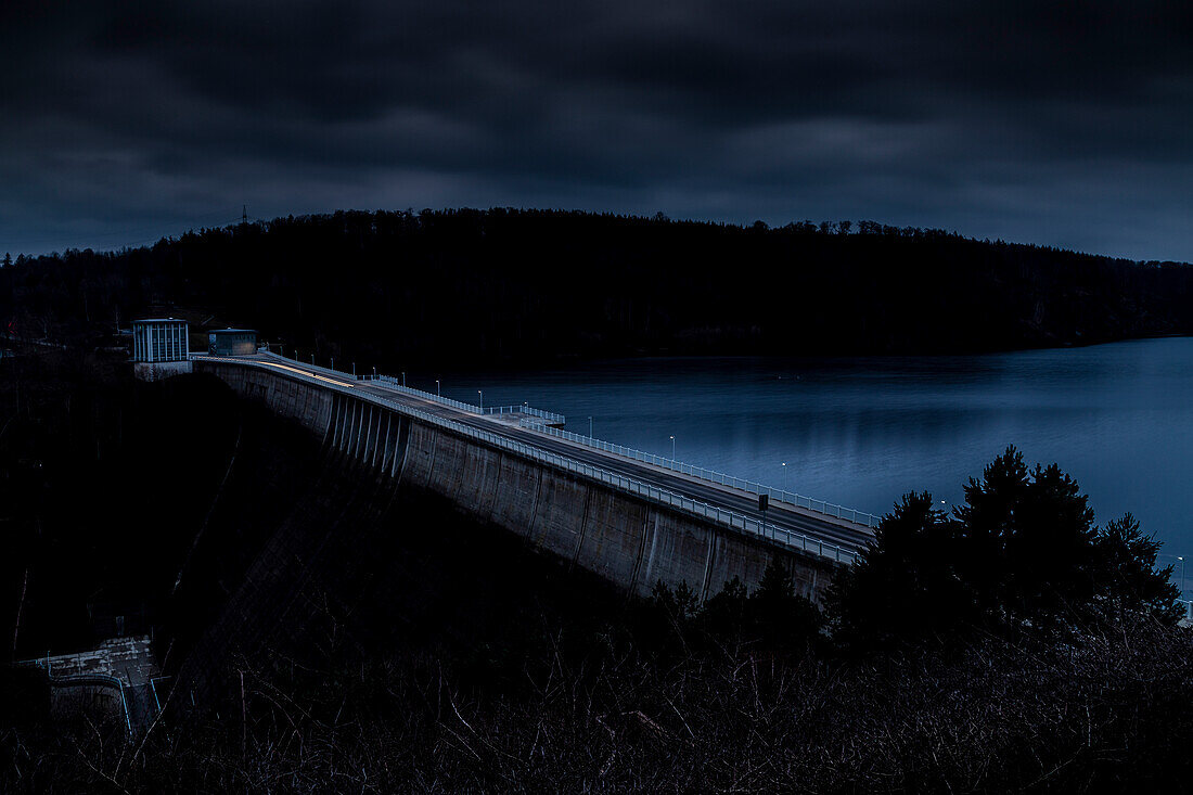 Rappbode Dam at night, traces of light. Oberharz am Brocken, Saxony Anhalt, Germany.