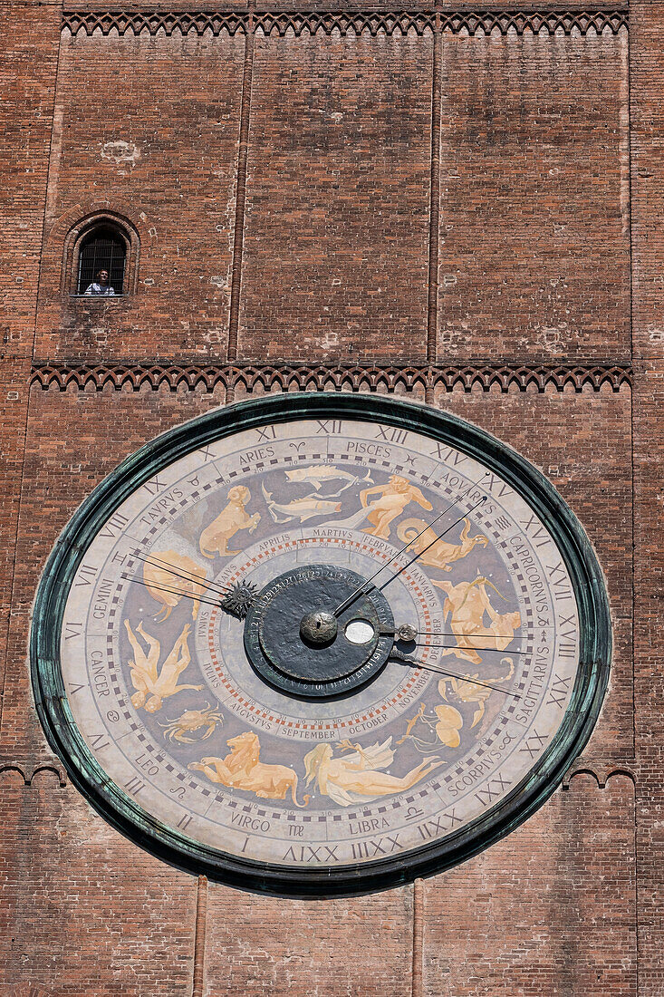 View of the astronomical clock on the Torrazzo bell tower, Cremona, Lombardy, Italy, Europe