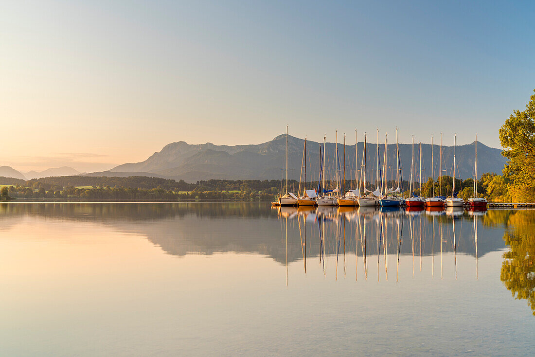 Sailing boats on the Riegsee in front of the Bavarian Alps, Riegsee, Upper Bavaria, Bavaria, Germany