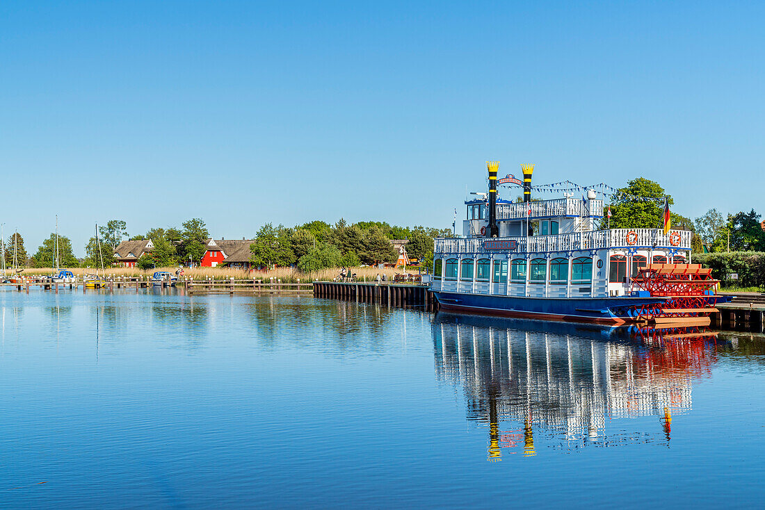 Paddle steamer on the Prerower Strom in Prerow, Fischland-Darß-Zingst, Mecklenburg-West Pomerania, Germany