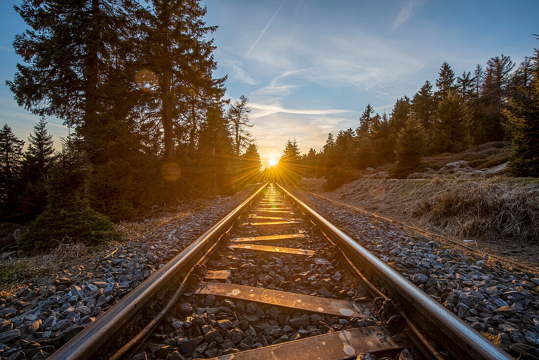 Sunset, railway tracks on the Goetheweg, hiking trail to the Brocken, Harz National Park, Schierke, Saxony-Anhalt, Germany