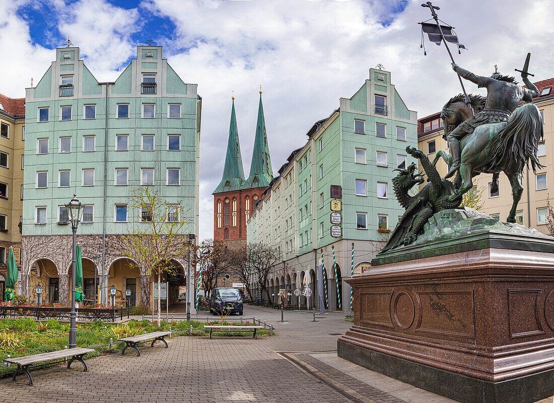 St. Georg Monument on the banks of the Spree in Nikolaiviertel in Berlin, Germany