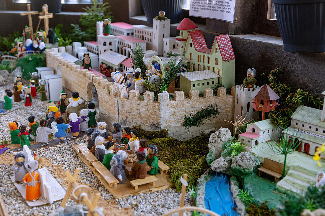 Fountain house with Easter crib in Birkenreuth in Franconian Switzerland, Bavaria, Germany