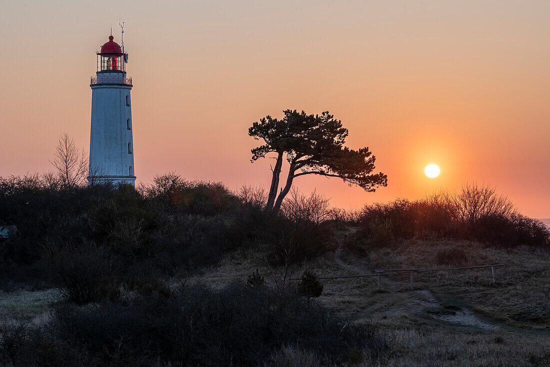 Sunrise at the Dornbusch lighthouse on the Schluckwieksberg, Hiddensee Island, Mecklenburg-West Pomerania, Germany