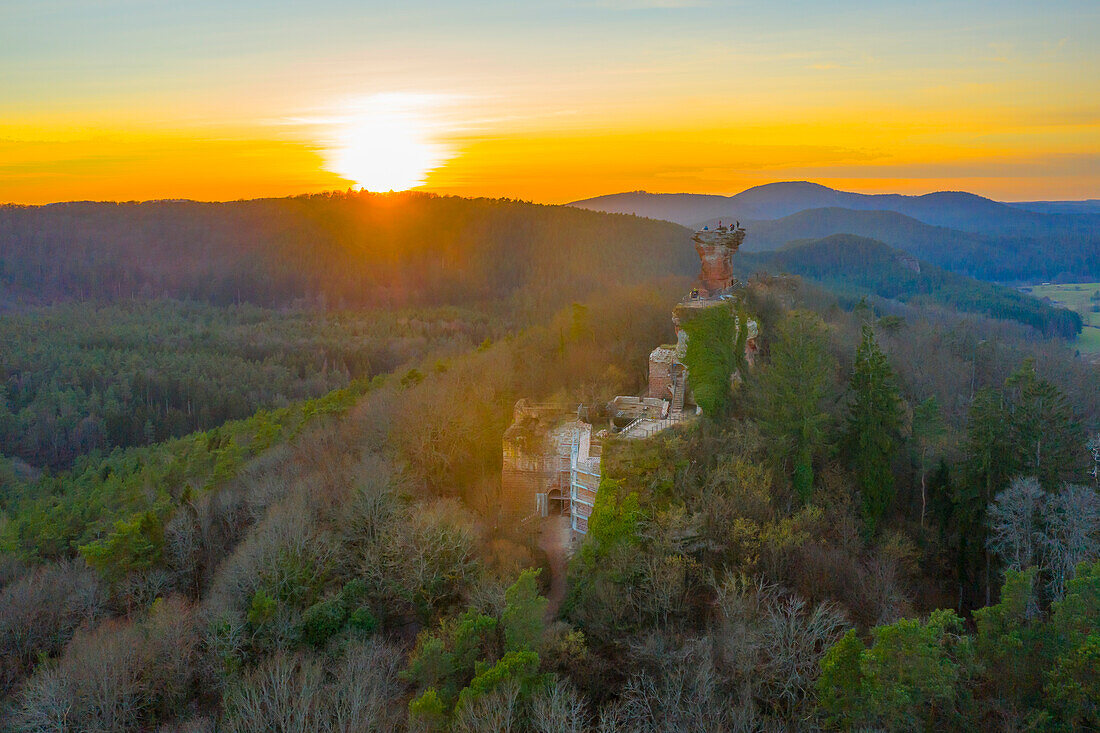 Sunset at Drachenfels castle ruins near Busenberg, Dahn, Palatinate Forest, Wasgau, Rhineland-Palatinate, Germany