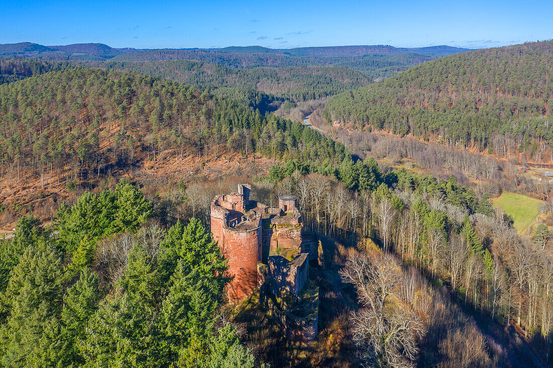 Luftansicht der Burgruine Neudahn bei Dahn, Pfälzer Wald, Wasgau, Rheinland-Pfalz, Deutschland