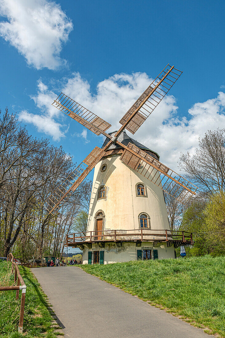 The Gohlis Windmill on the Elbe Cycle Path is an old tower Dutch windmill in Dresden-Gohlis, Saxony, Germany