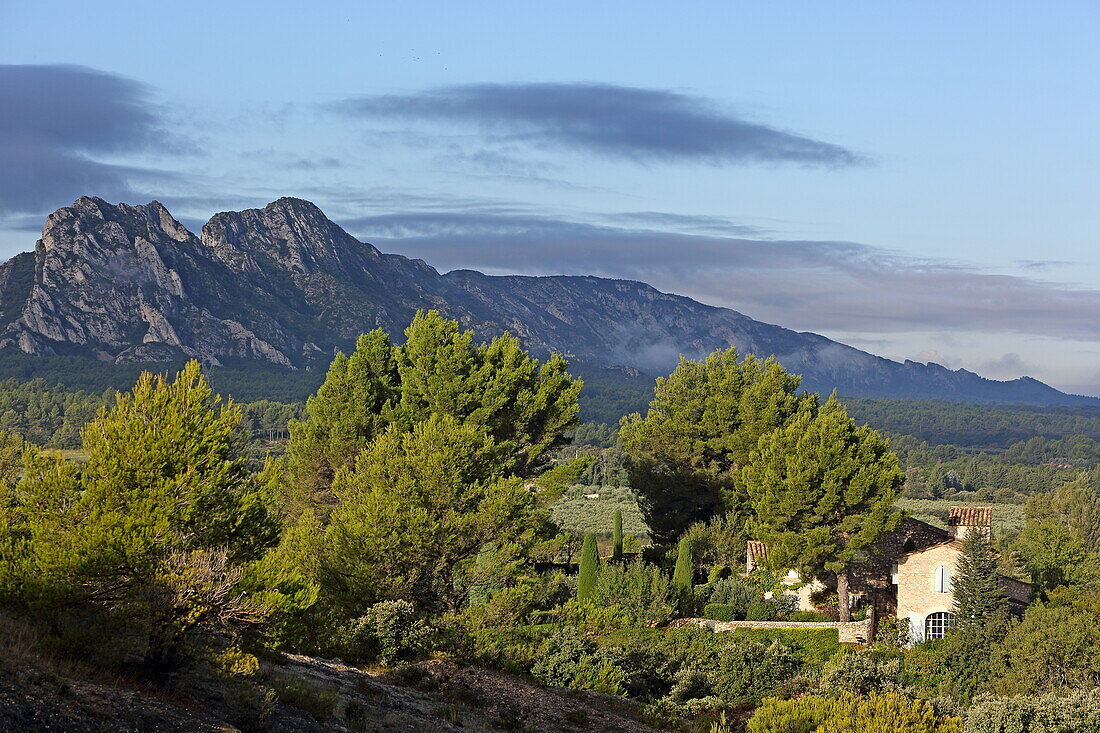 Blick vom alten Dorf von Eygalières auf die Alpilles, Bouches-du-Rhône, Provence-Alpes-Côte d'Azur, Frankreich