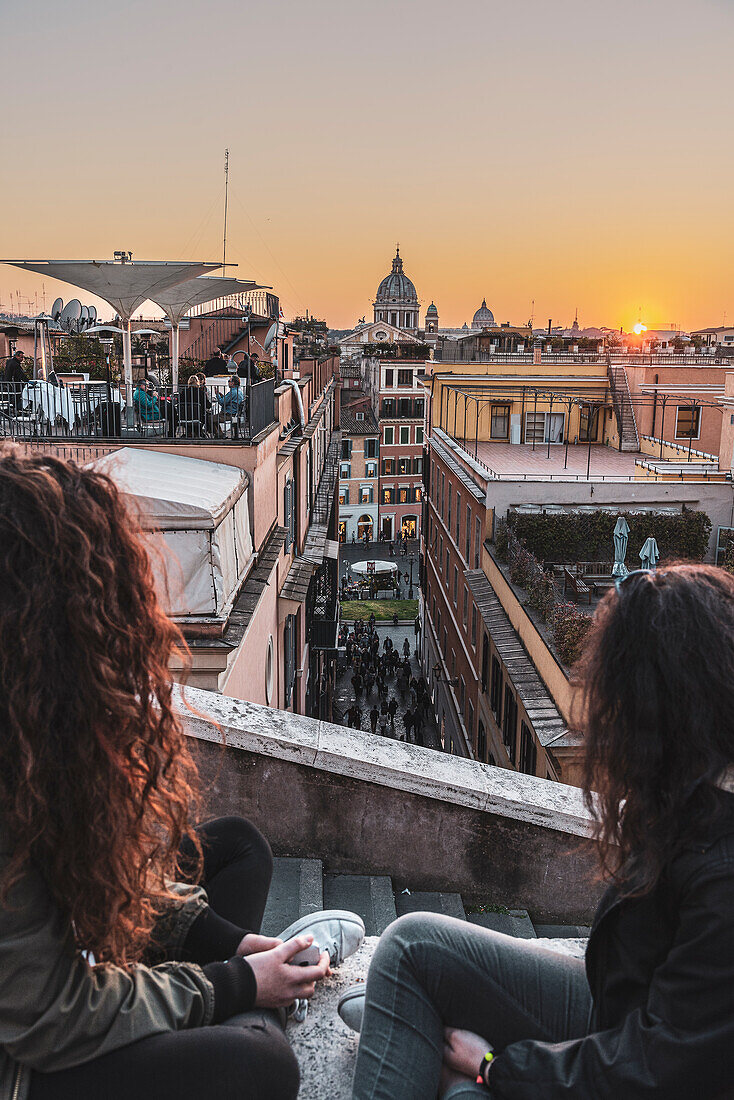 View from Viale della Trinita dei Monti near the Spanish Steps, St. Peter's Basilica in the background, Rome, Lazio, Italy, Europe