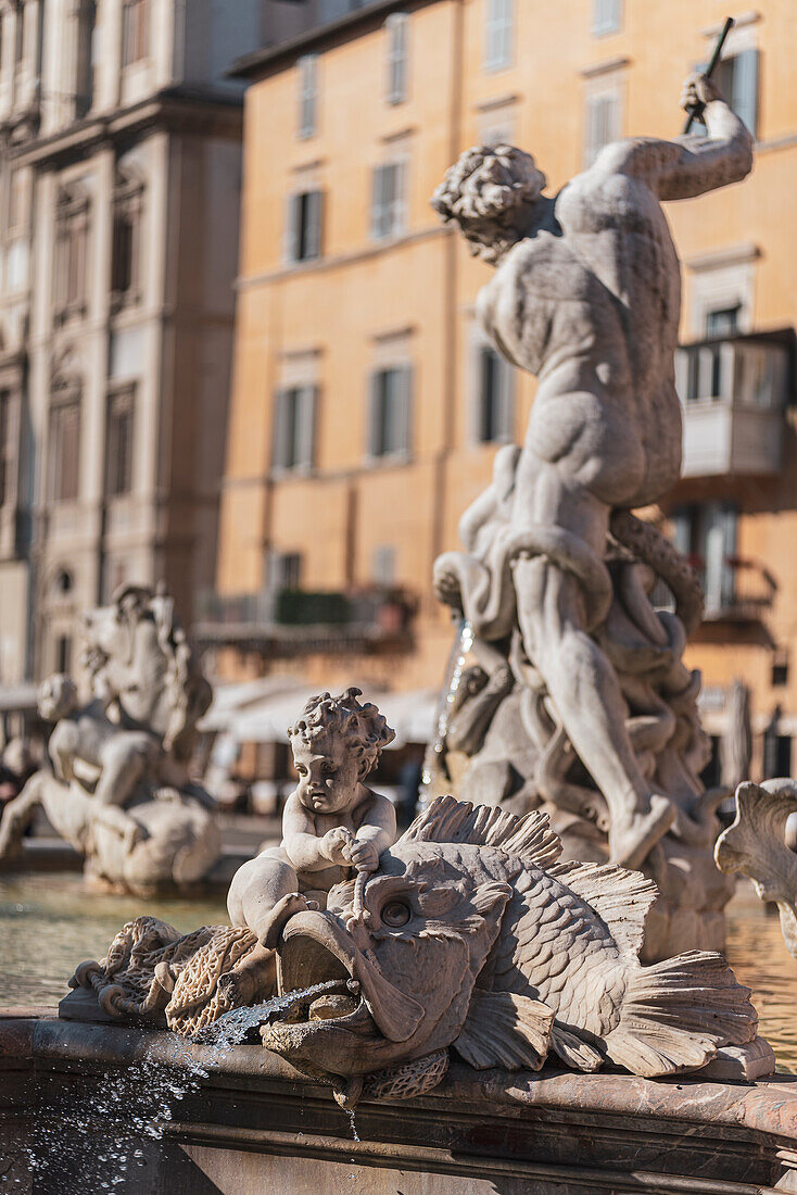 Fountain of Neptune marble fountain in Piazza Navona, Rome, Lazio, Italy, Europe