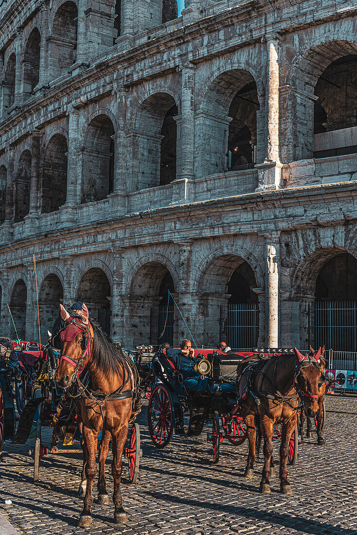 Pferdekutschen vor dem Kolosseum, Rom, Latium, Italien, Europa