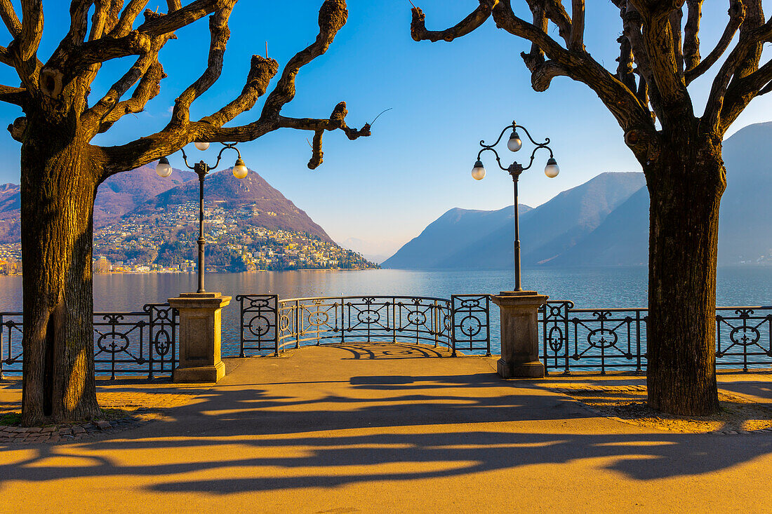 Waterfront in Lugano with Bare Tree and Mountain and Lake Lugano in a Sunny Day in Ticino, Switzerland.