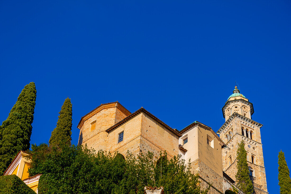 Church Santa Maria del Sasso Against Blue Clear Sky on Mountain in a Sunny Day in Morcote, Ticino in Switzerland.