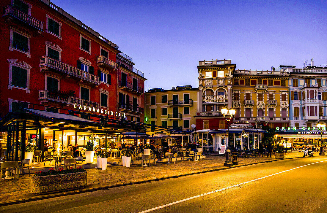 Grand cafes on the lakeside promenade of Rapallo, Liguria; Levantine Riviera, Italy