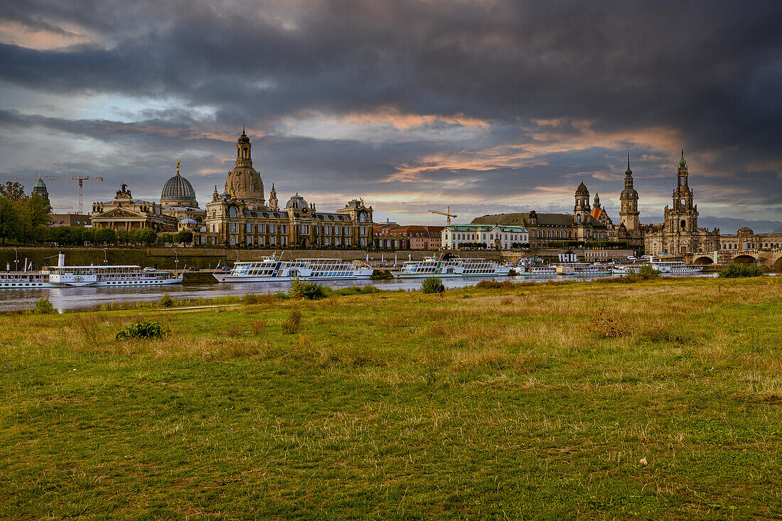 Dresden with the Elbe at dusk, Saxony, Germany