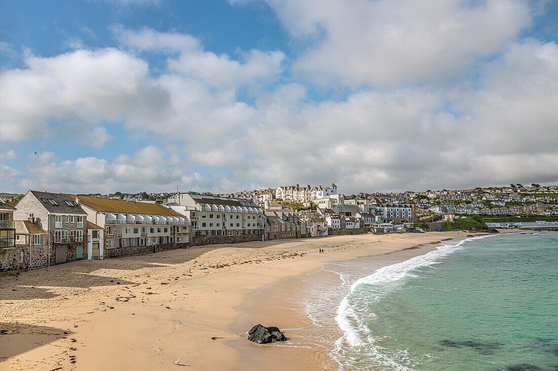 View of Porthmeor Beach seen from The Island Peninsula, Cornwall, England, UK