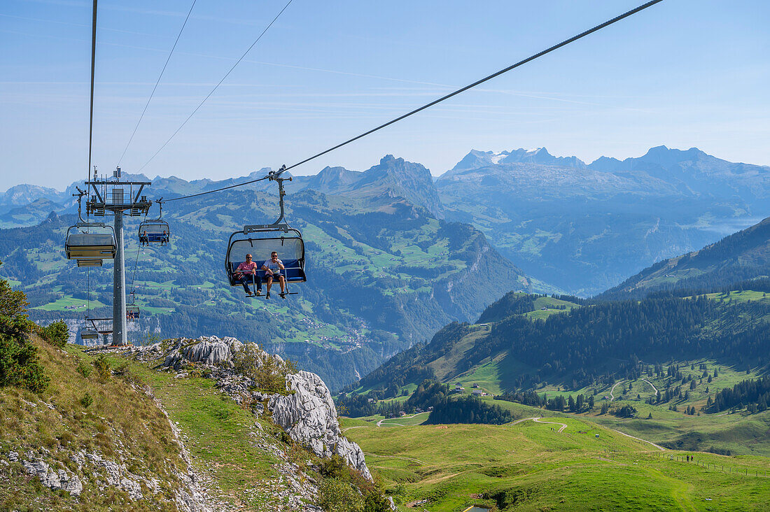 Fronalpstock chairlift with Glärnisch massif, Morschach, Glarner Alps, Canton of Schwyz, Switzerland