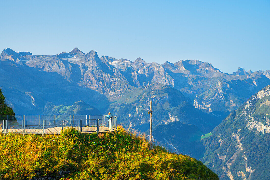 Blick vom Fronalpstock auf das Urirotstockmassiv im Morgenlicht, Morschach, Glarner Alpen, Kanton Schwyz, Schweiz