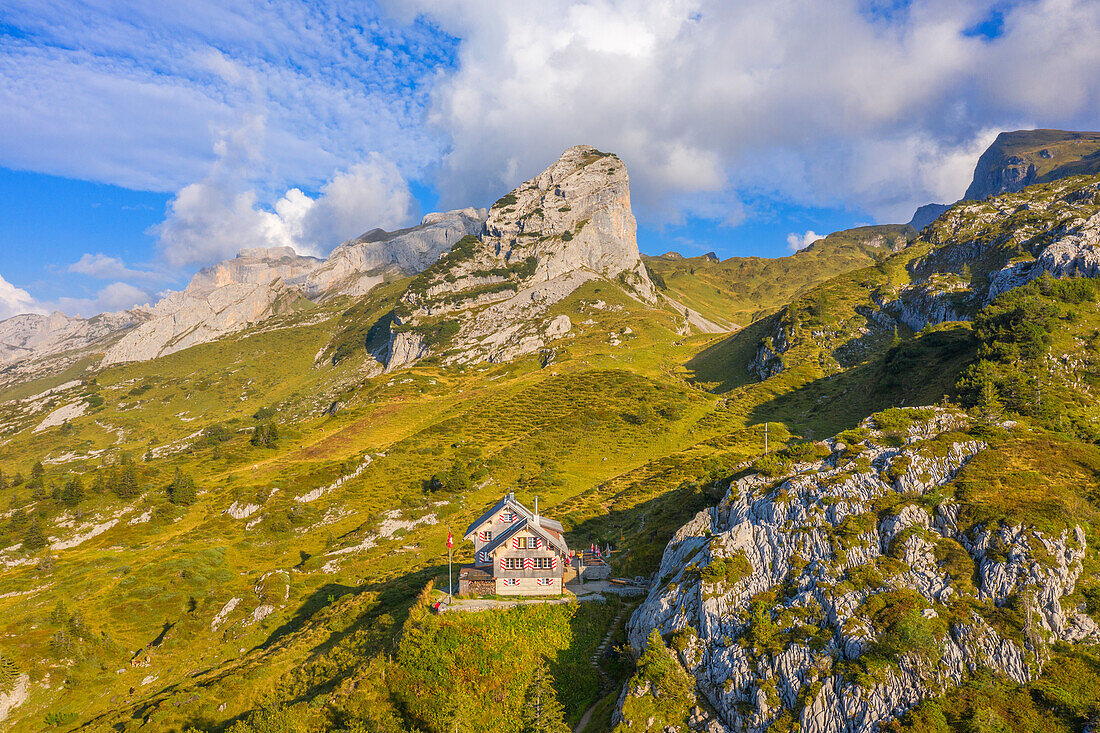 Aerial view of Lidernenhütte with Chaiserstock group, cantons of Schwyz and Uri, Glarner Alps, Switzerland