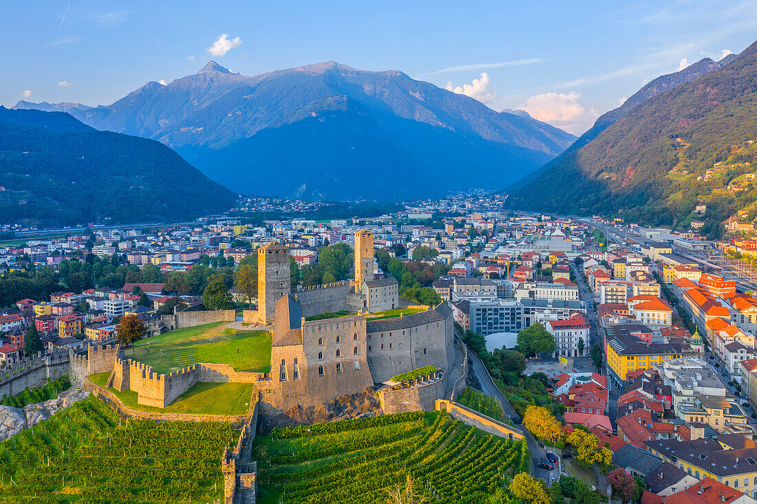 Aerial view of Castelgrande Castle in Bellinzona, Canton Ticino, Switzerland