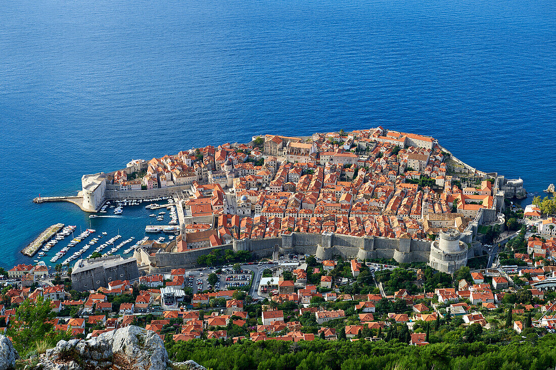 View from the Big Stone Cross on a mountaintop on the old town of Dubrovnik, Croatia, Europe