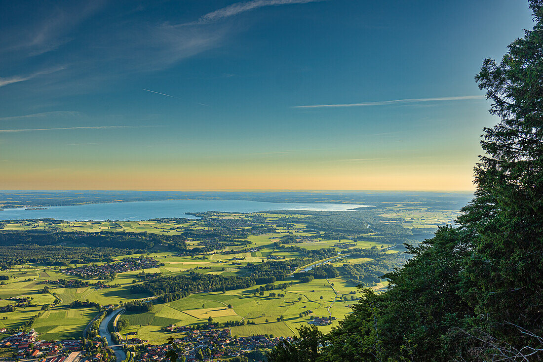 At sunrise view of the Chiemsee and the Tiroler Ache from the Hochgern. Chiemgau Alps, Chiemgau, Upper Bavaria, Bavaria, Germany