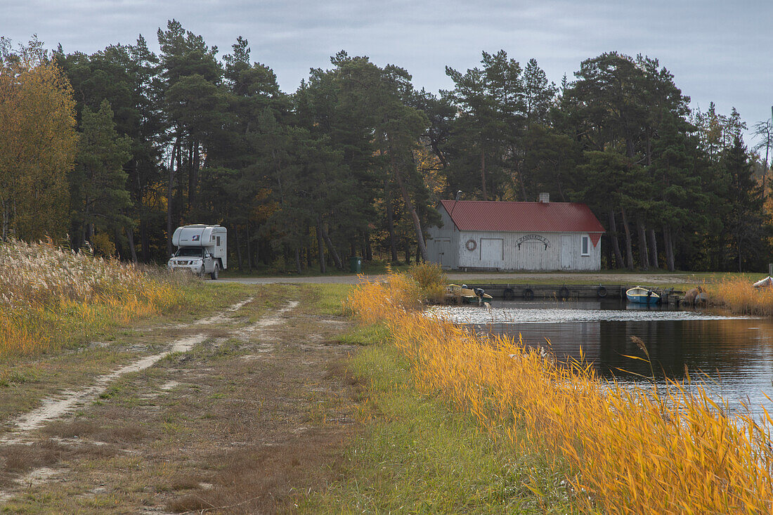 Mobile home at a small port. Saaremaa, Estonia, Baltic States.