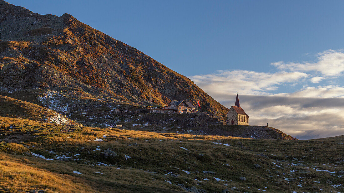 Mountain hut and Church of the Holy Cross Latzfons, Latzfonser Kreuz, Chiusa, South Tyrol, Italy.