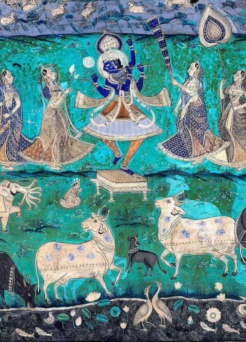 Krishna hebt den Govardhan-Hügel mit seinem kleinen Finger an, Die Chitrashala-Wandmalereien