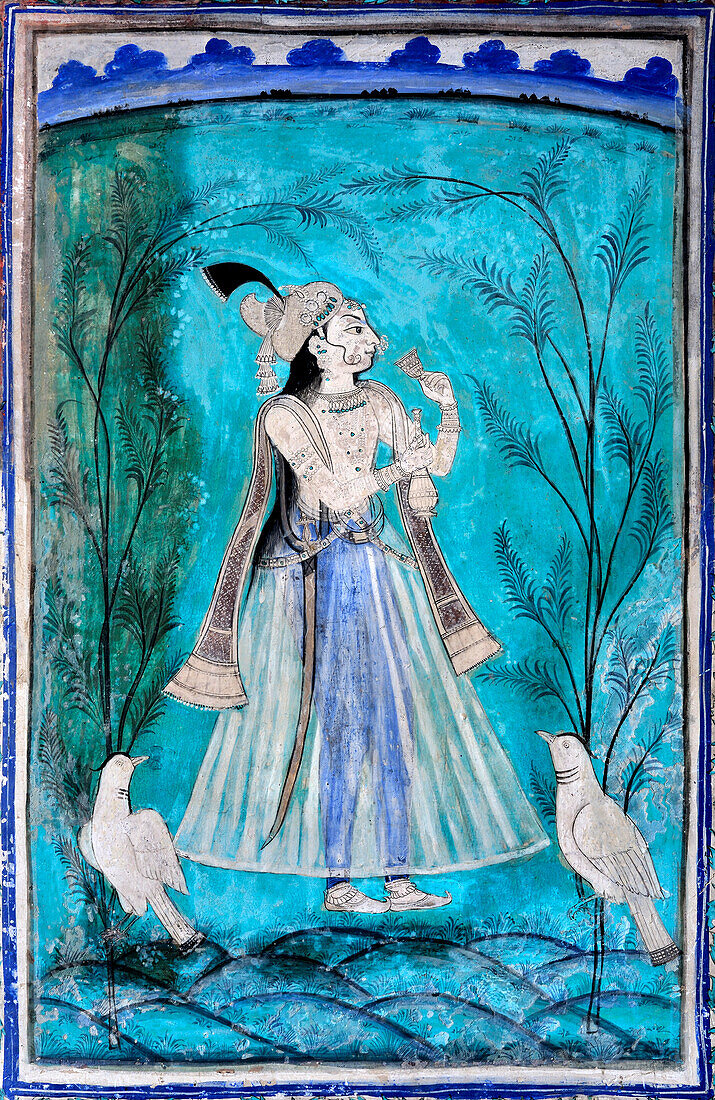 Maharaja with birds, The Chitrashala murals, Bundi Garh Palace, Bundi, Rajasthan