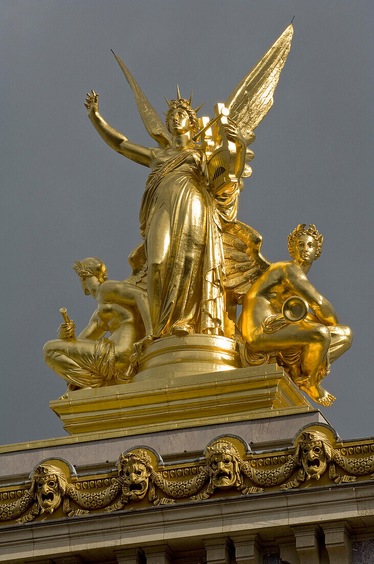Gold Harmony roof sculpture by Charles Gumery on top of the Paris Opera, Paris