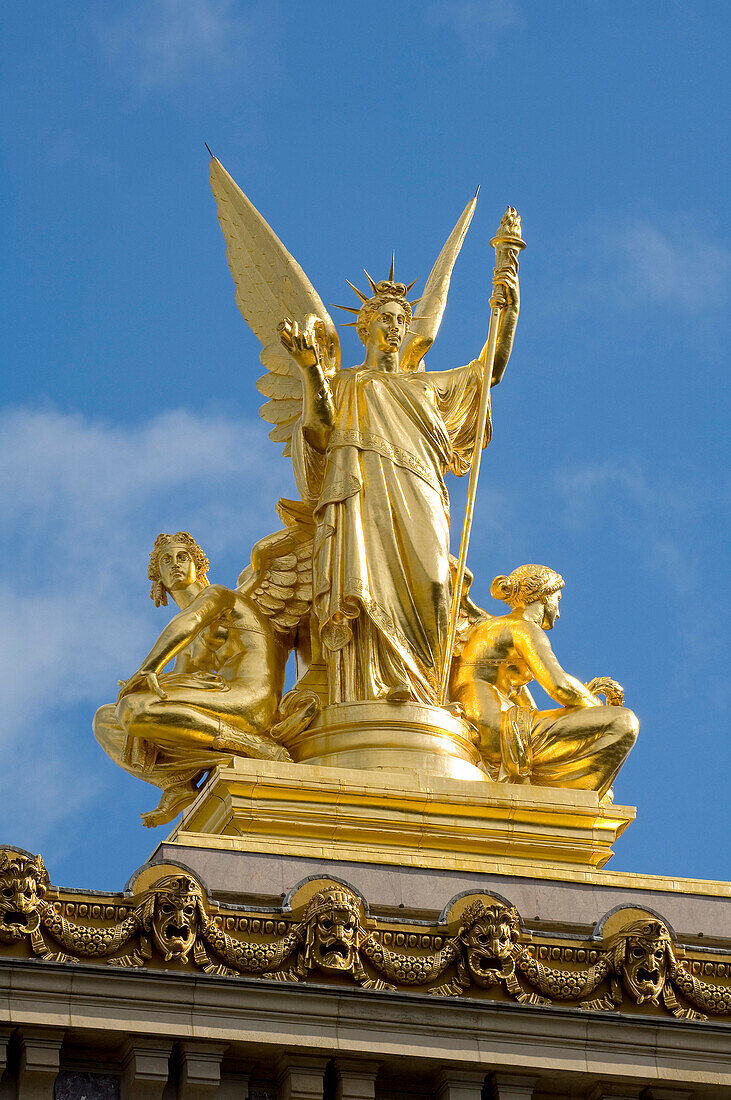 Gold Liberty roof sculpture by Charles Gumery on top of the Paris Opera, Paris