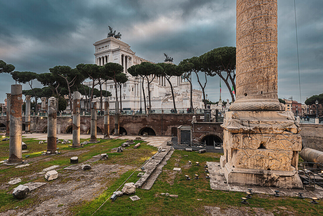 Trajan's Forum with Trajan's Column and Monumento a Vittorio Emanuele II background, Rome, Lazio, Italy, Europe