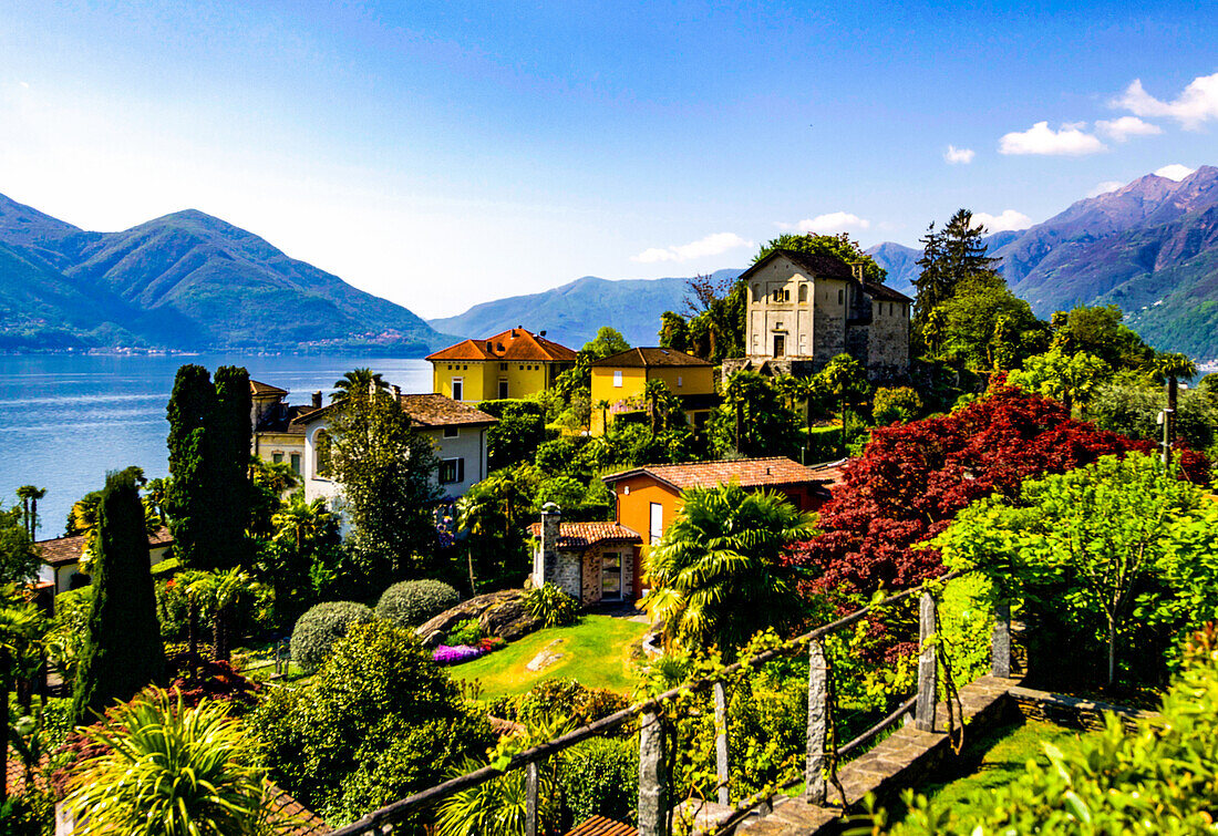 Lake shore of Lake Maggiore in Ascona with the Church of S. Michele, Ticino, Switzerland