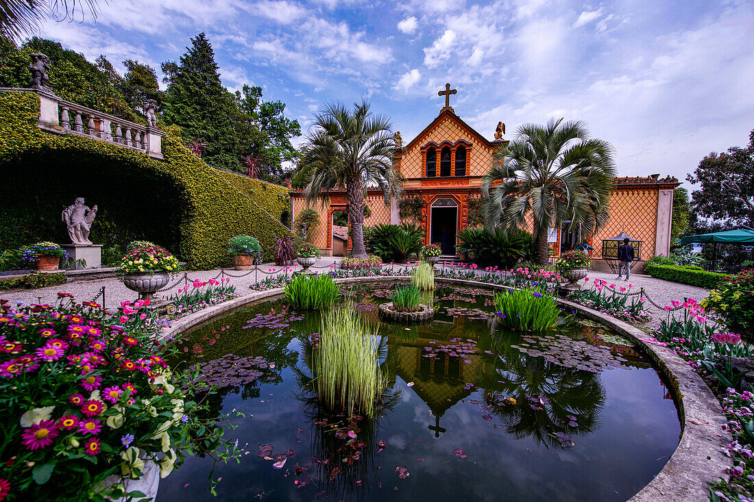 Water lily pool in front of the family chapel on Isola Madre, Borromean Islands, Lake Maggiore; Piedmont, Italy