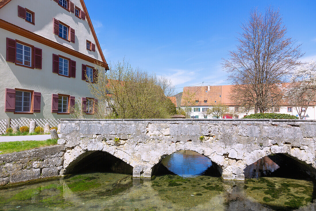 double folds; Former Benedictine monastery and Minster of Our Lady, convent building and old stone bridge at Munsterplatz, in the Swabian Jura, Baden-Württemberg, Germany
