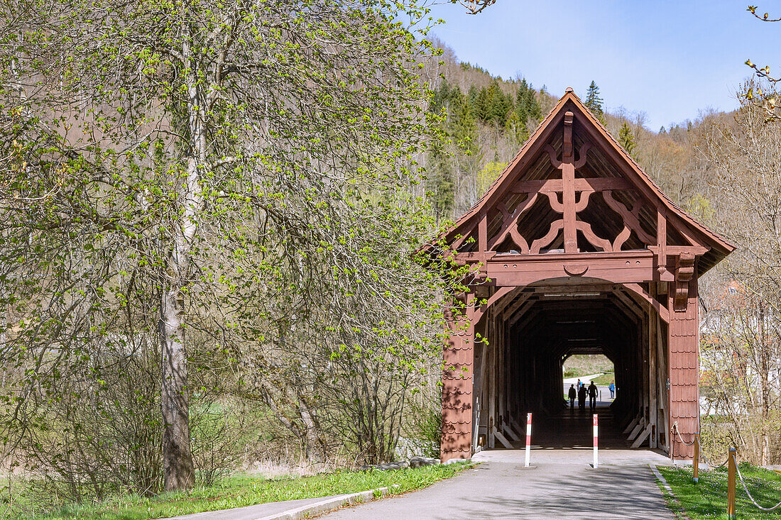 Beuron, historic wooden bridge over the Danube at Beuron Monastery, Upper Danube Nature Park in the Swabian Jura, Baden-Württemberg, Germany