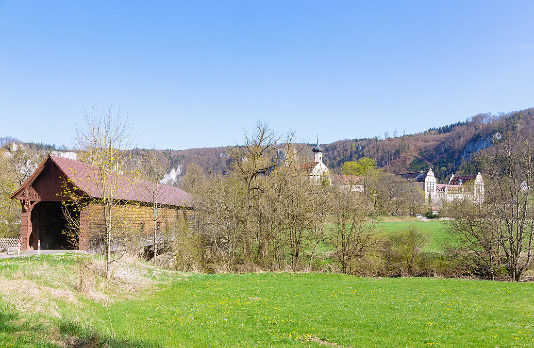 Beuron, historic wooden bridge and Beuron Monastery, Upper Danube Nature Park in the Swabian Jura, Baden-Württemberg, Germany