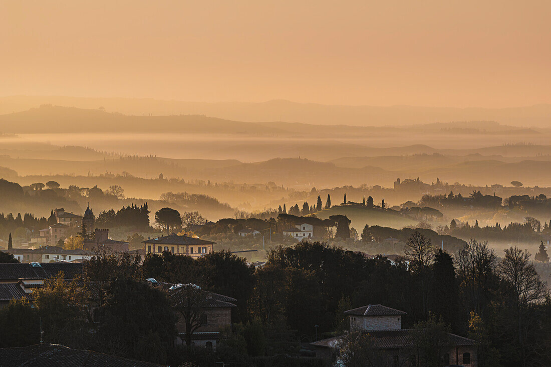 From the small park Orto Dei Tolomei there are beautiful views of the old town and landscapes of the plain, Siena, Tuscany, Italy, Europe