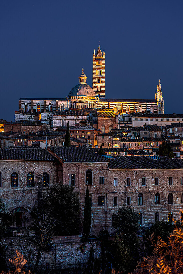 Panorama of the old town and Cathedral of Santa Maria Assunta in the evening light, Siena, Tuscany, Italy, Europe