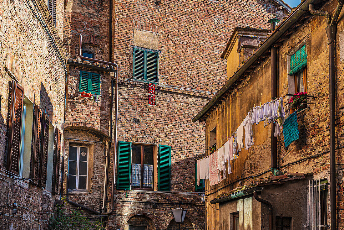 Houses with laundry to dry in the old town, Siena, Tuscany, Italy, Europe