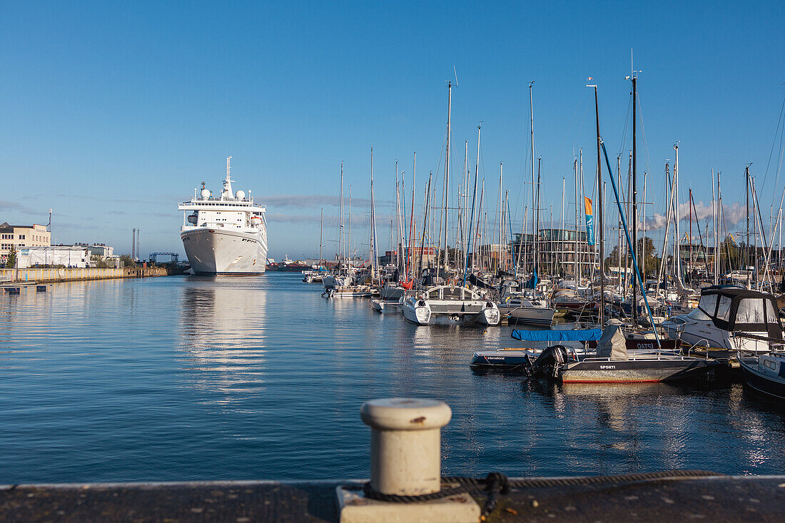 View of a passenger ship in the port of the Hanseatic City of Wismar, Mecklenburg-Western Pomerania, Baltic Sea, Germany, Europe