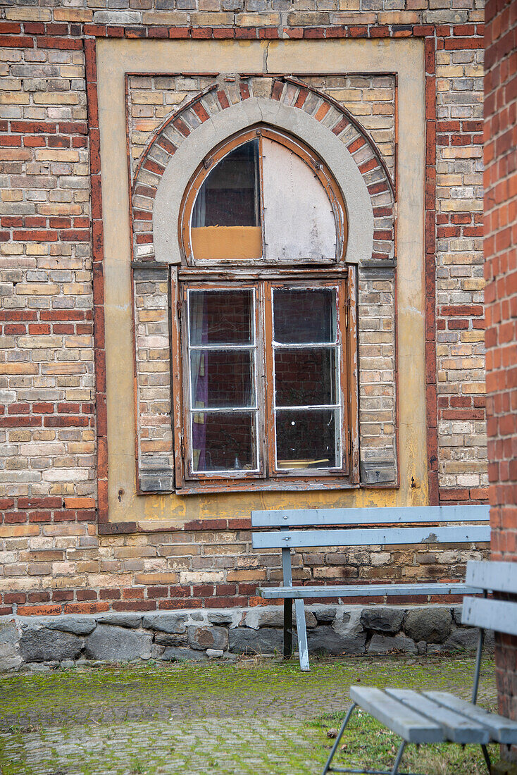 Old window, wooden benches, Jewish Cemetery, Magdeburg, Saxony-Anhalt, Germany