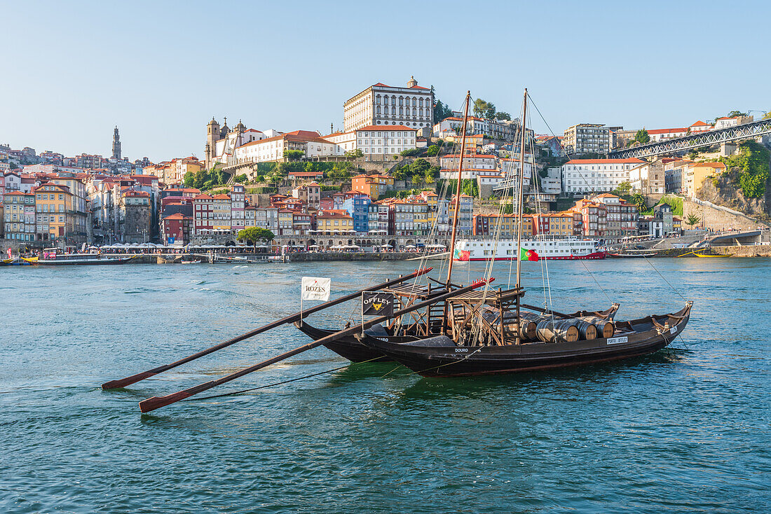 Barcos Rabelos, port wine boats on the Duero River in front of the historic old town of Porto, Portugal