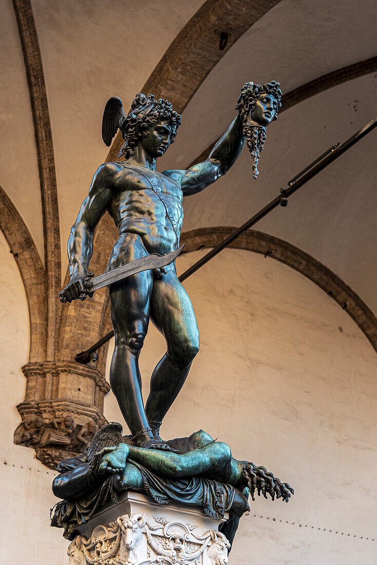 Statue of Perseus with Medusa in the Loggia dei Lanzi, Piazza della Signoria, Florence, Tuscany, Italy, Europe